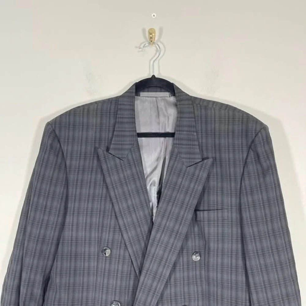 VTG Woodhouse Cloth‎ Mens Double Breasted Blazer Dark Gray Blue Plaid UK 90s 44R
